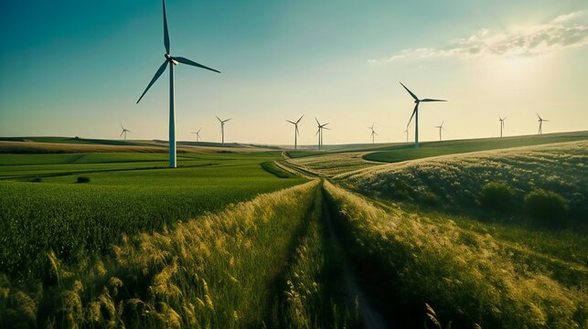Crops field with wind farm turbines in the background, windmill creating renewable energy, ecosystem and ecology environment background, created using Generative AI technology