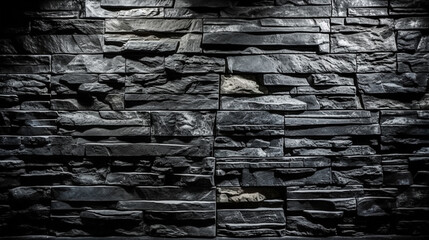 Pattern black color of modern style design decorative uneven cracked real stone wall surface. Generative Ai