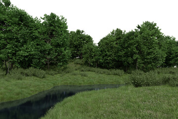 Realistic grass plain with river and trees. 3d rendering of isolated objects.
