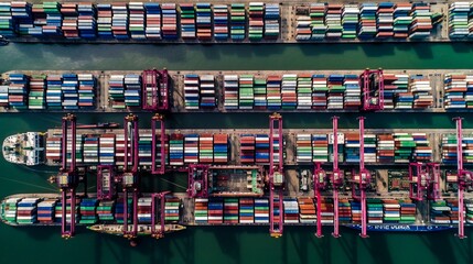 Fototapeta na wymiar Aerial view shot of an industrial port with piles of containers and container ships docked, logistics and transportation background, created using Generative AI technology