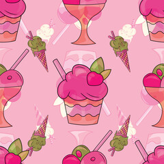 Cute Seamless Pattern With Ice Cream, Vector Seamless Summer Pattern.