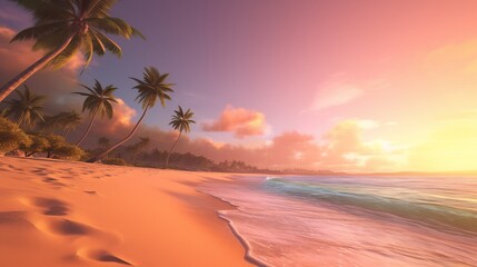 A stunningly realistic beach scene in 4K Ultra HD, with crystal clear turquoise waters, golden sands, and lush palm trees swaying in a gentle breeze, sunset on the beach, Generative AI