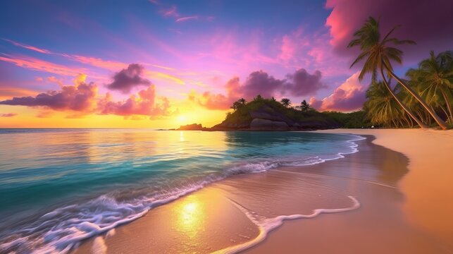 A stunningly realistic beach scene in 4K Ultra HD, with crystal clear turquoise waters, golden sands, and lush palm trees swaying in a gentle breeze, sunset over the ocean, Generative AI
