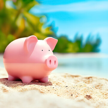 Hucha de un cerdo rosa en la playa de vacaciones. Ahorrar para gastar en vacaciones en la playa. Ilustraci&oacute;n creada con herramientas generativas de IA.