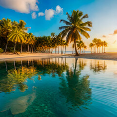Fototapeta na wymiar Beautiful tropical beach with large palm trees, generative ai