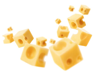 Flying delicious cheese cubes cut out
