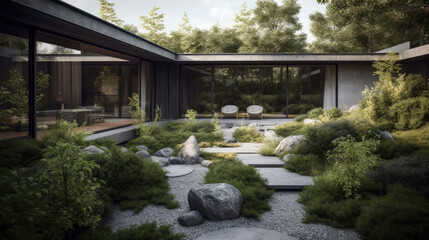 Fototapeta na wymiar Private garden that merges modernist design principles with the contemporary Scandinavian residential architecture that captures the minimalist and contemporary design philosophy. Generative AI
