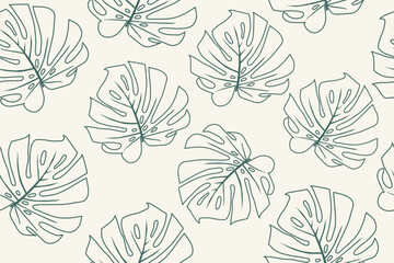 Beautiful exotic floral seamless pattern with contour monstera deliciosa leaves on light background.