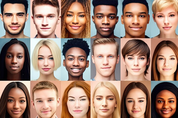 Collage of many happy smiling multicultural teenages faces looking at camera, created with Generative AI. - Powered by Adobe