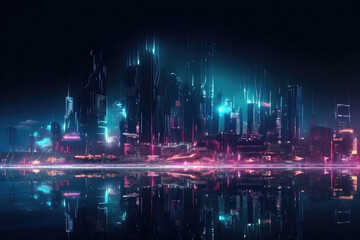 Fototapeta premium Modern cyberpunk night city landscape with illuminated futuristic buildings of metropolis with light reflection on water surface, created with Generative AI