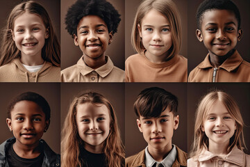 Collage of many happy smiling multicultural kids faces looking at camera, created with Generative AI.
