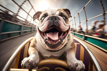 Generative AI of funny bulldog enjoying a ride on a rollercoaster.