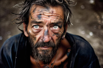 Portrait of a sad homeless man. Generative AI. 