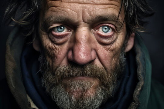 Portrait of a sad homeless man. Generative AI. 