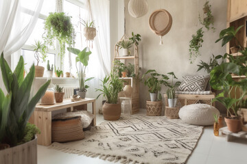 Generative AI of beautiful bohemian interior with green plants. 
