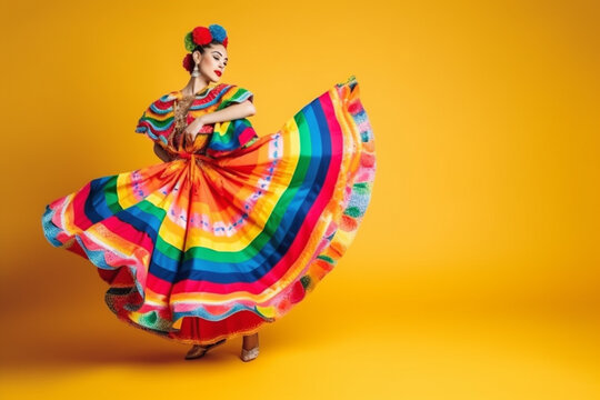Generative AI of a beautiful Mexican woman in a traditional dress dancing.
