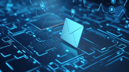 New email notification concept for business e-mail communication and digital marketing. Inbox receiving electronic message alert. Abstract minimalist design on blue background