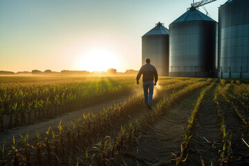 Farmer walking through corn field at dawn, grain silo in the distance, depicting rural life and agriculture, generative ai - obrazy, fototapety, plakaty