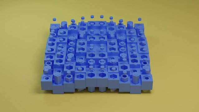 Loop 3d animation of an array of cubes and other geometric shapes mutually moving. Objects have a wave-like displacement. Abstract motion design.
