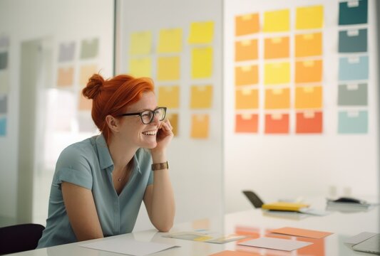 Candid photo of young female intern at a tech startup, bright office atmosphere, displaying eager and joyful attitude, generative ai