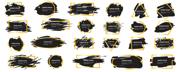 Fototapeta na wymiar Black brush strokes in yellow square frame. Dirty artistic design elements, boxes, frames for text.