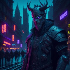 AI Generierte Cyberpunk Vikinger vor Cyberpunkstadt Hintergrund bei Nacht