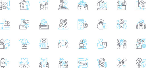 Generosity linear icons set. Giving, Kindness, Charity, Selflessness, Donation, Help, Altruism line vector and concept signs. Humanity,Empathy,Philanthropy outline illustrations