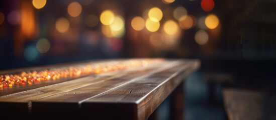 Empty wooden table surface closeup, blur cafe bar restaurant interior background, bokeh lights. Generative AI