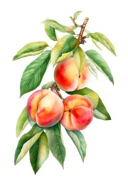 Branch of ripe peaches isolated on white background, watercolor illustration. Generative AI.