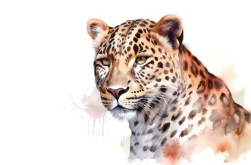 Watercolor portrait of a beautiful leopard on white background. Generative AI.