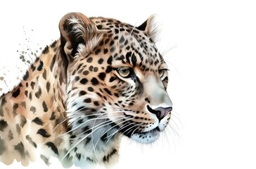Naklejka na ściany i meble Watercolor portrait of a beautiful leopard on white background. Generative AI.