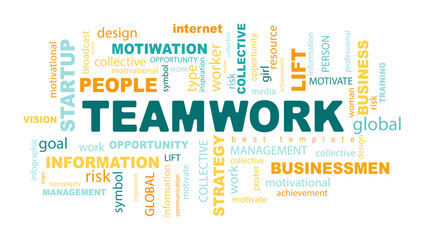 Teamwork concept poster design for office or workspace. Banner with text inscription, Team, work. Inspirational and motivational quotes. Business concept. Vector flat color illustration, yellow, green - obrazy, fototapety, plakaty