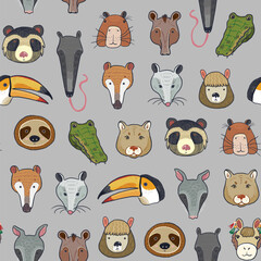 Animals of South America funny faces vector seamless pattern.