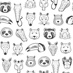 Animals of South America funny faces vector line seamless pattern.