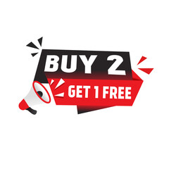 Buy 2 get 1 free banner design, megaphone icon. Marketing, advertising sale promotion, online shop or store. Vector template.