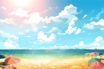 Fototapeta na wymiar Illustration of a summer beach with sun umbrellas. Summer background concept. Generated AI