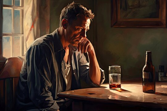 Struggling with the Demons of Alcoholism: Oil Painting Illustrating the Devastating Impact of a Husband's Drinking Problem on a Young Family. Generative AI