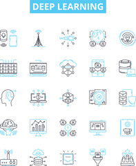Deep learning vector line icons set. Deep, Learning, Neural, Networks, AI, Machine, Learning illustration outline concept symbols and signs - obrazy, fototapety, plakaty