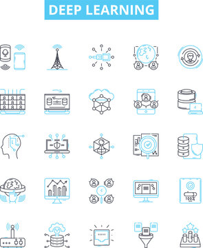 Deep learning vector line icons set. Deep, Learning, Neural, Networks, AI, Machine, Learning illustration outline concept symbols and signs
