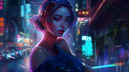Fototapeta premium anime girl, animated illustrations, realistic depictions of human form, feminine body, aluminum, charming characters, intelligent composition, kawaiipunk, Neon light, Sharp shadows, Generative AI
