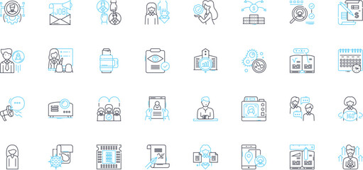 Talent Scouting linear icons set. Identification, Assessment, Evaluation, Recognition, Search, Discovery, Recruiting line vector and concept signs. Screening,Selection,Analysis outline illustrations