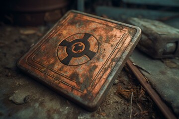 Rusty square with biohazard symbol. Generative AI