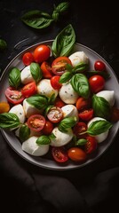 Caprese salad with plump cherry tomatoes, fragrant basil leaves, and creamy mozzarella cheese