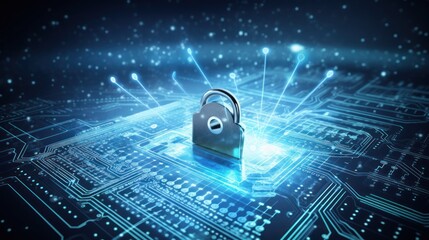 Cyber security and online data protection on internet. Finger touching HUD holographic secure access system interface with lock icon. Cybersecurity, privacy, network technology. Encrypted data vault