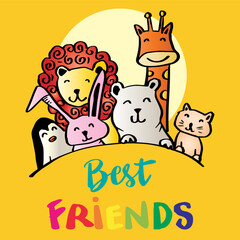 Best friends, hand lettering with cute animals. 