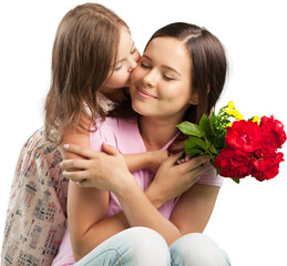 Happy beautiful mother and daughter hugging with a bouquet