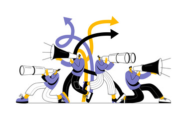 Making business decisions, career growth, or choosing the right concept of the path to success. Two characters are looking through binoculars at road signs and looking for the right way.