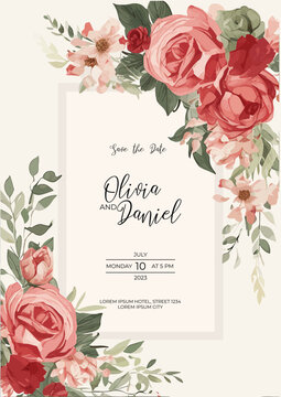 Wedding invitation card template with pink flowers and greenery leaves