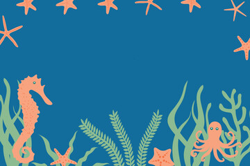 Seabed, underwater background. Landscape with marine flora and fauna. The underwater world of the ocean. Inhabitants of the ocean nature. Silhouette of the ocean floor. 
