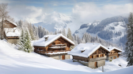 Snow-covered landscape with chalet houses. Generative AI